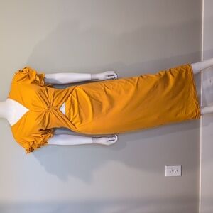 SHEIN Golden Yellow Volume Sleeve V Neck Cut Out Front Slit Back Midi Dress S